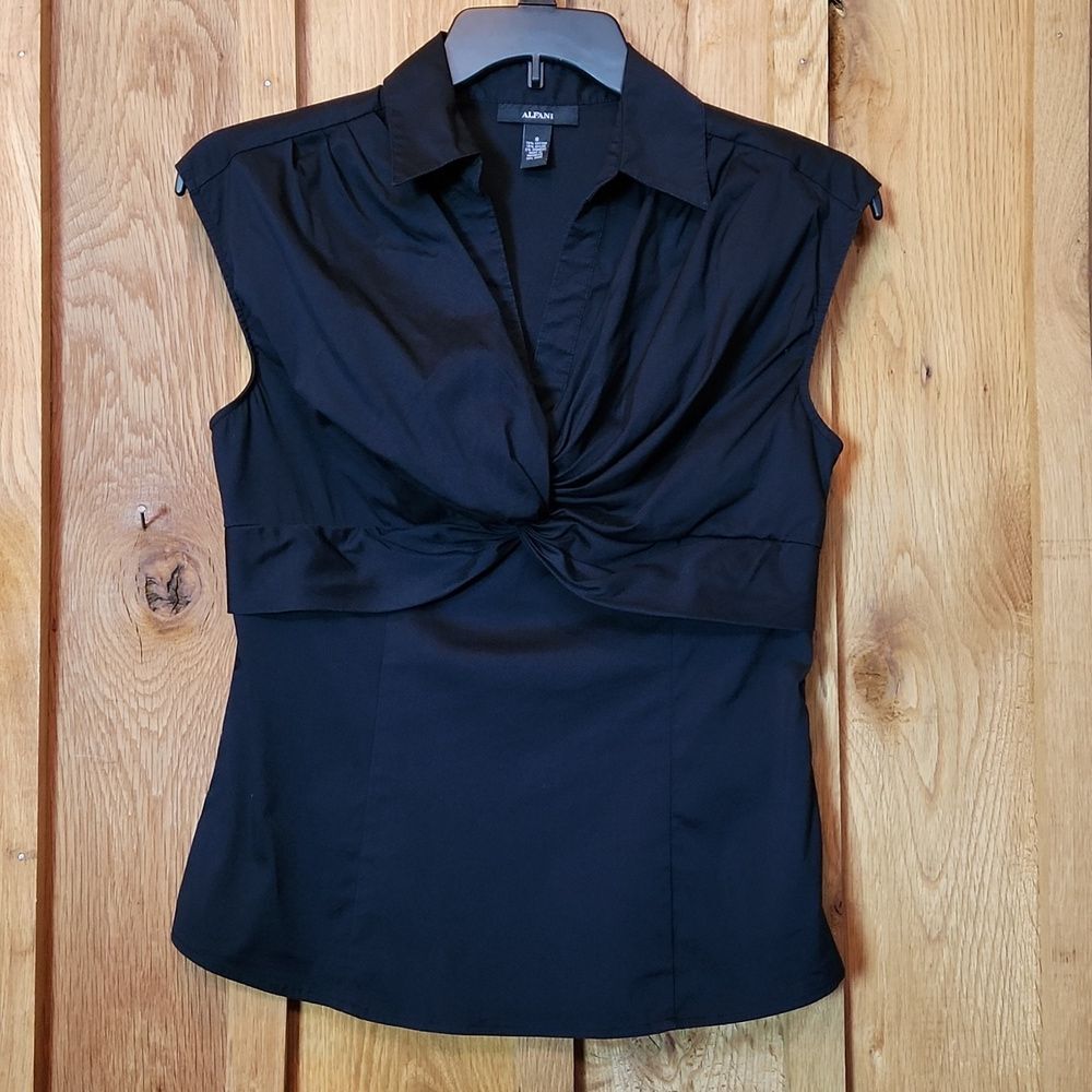 Alfani V-Neck Collared Pleated Chest Sleeveless Stretch Blouse, Size 8, Black